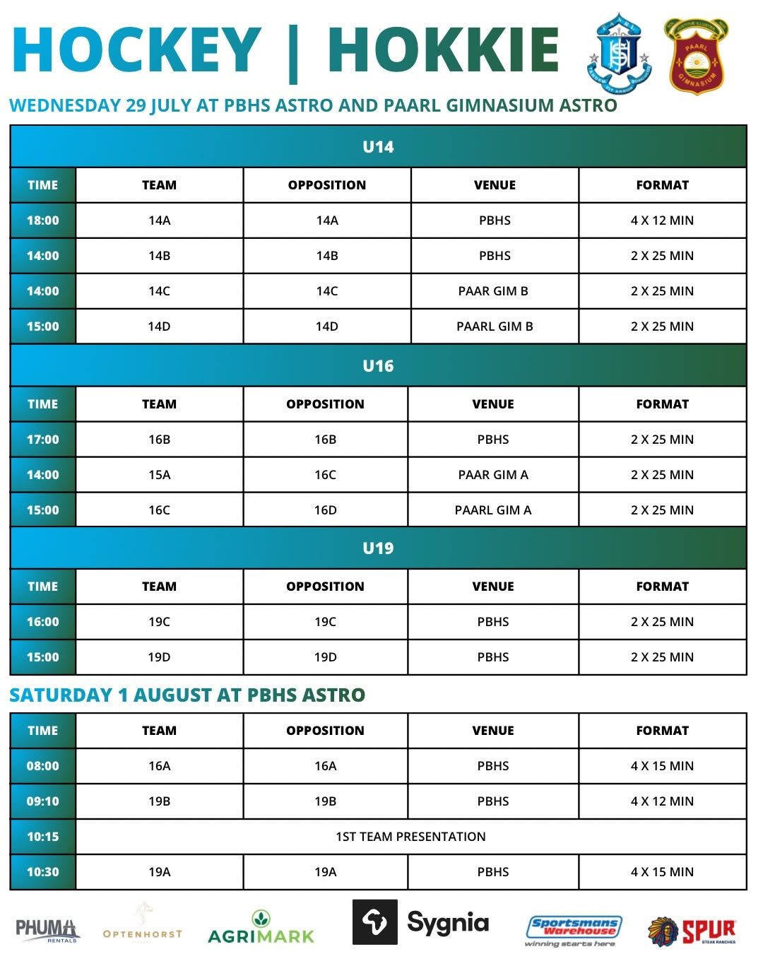 Official Paarl Interschools Hockey Fixtures