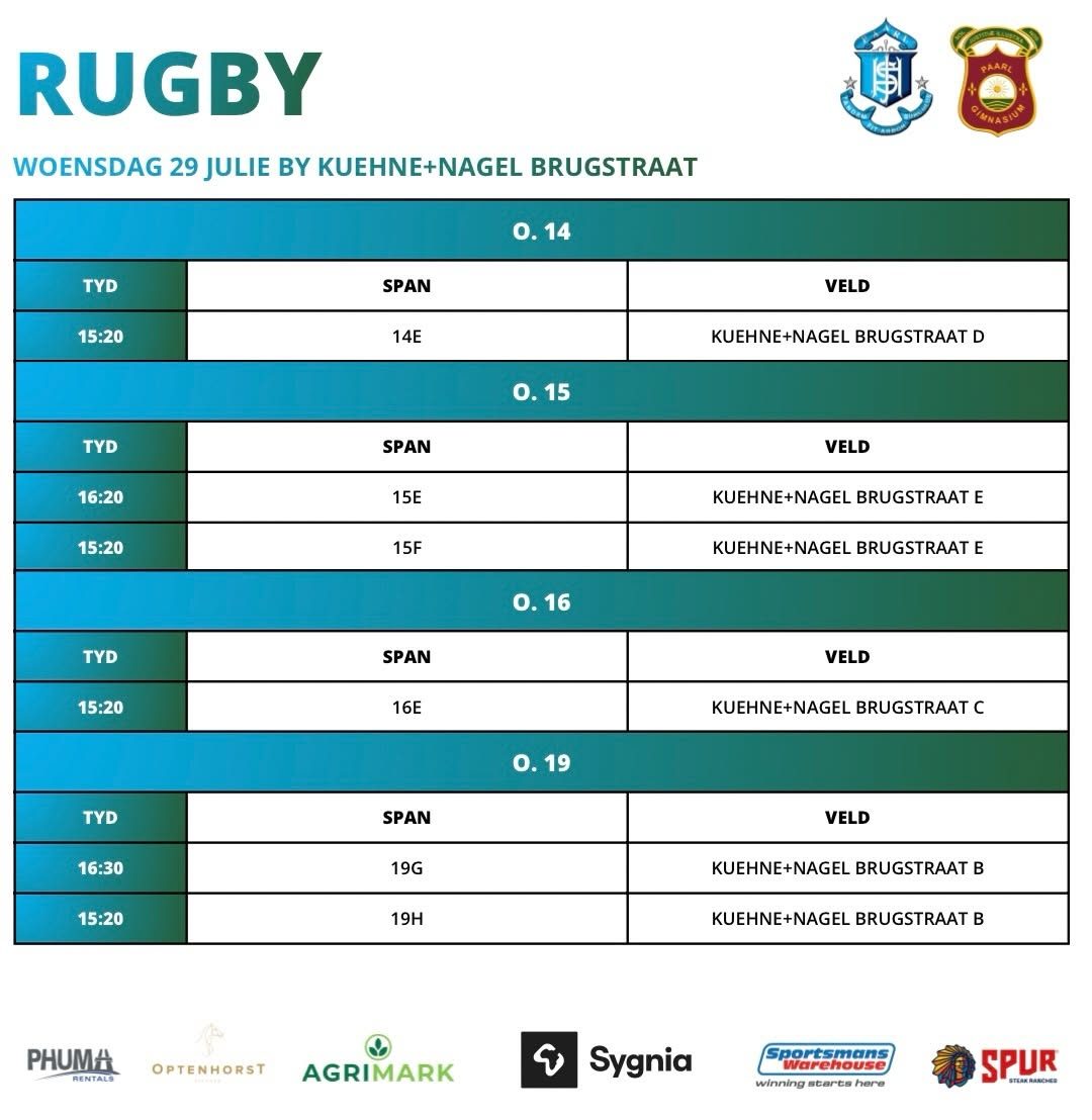 Official Paarl Interschools Rugby Fixtures 29 July