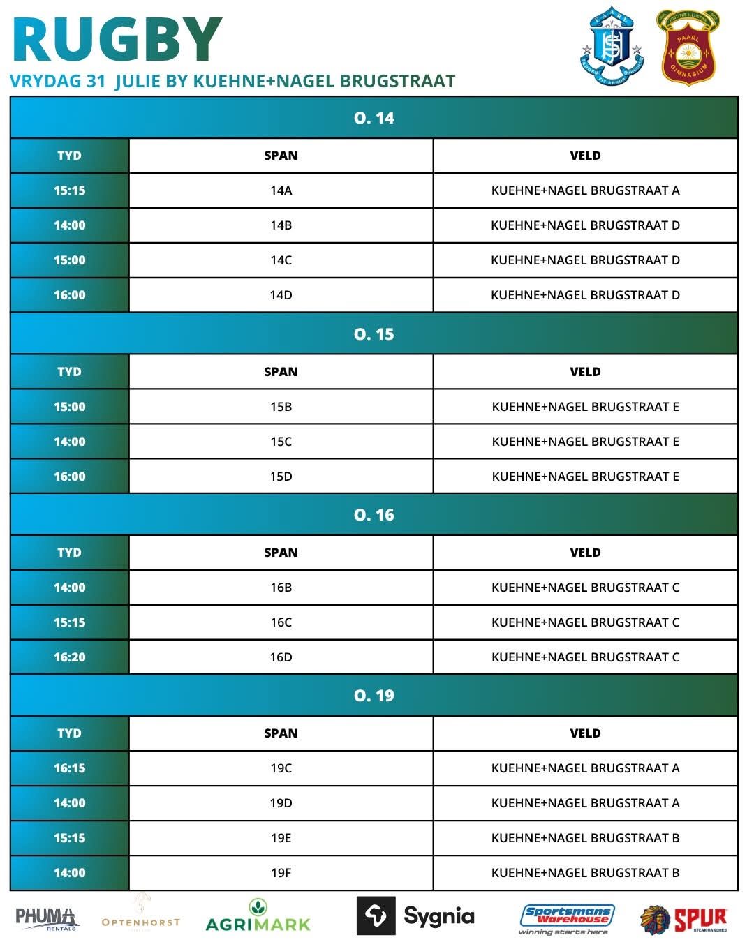 Official Paarl Interschools Rugby Fixtures 31 July